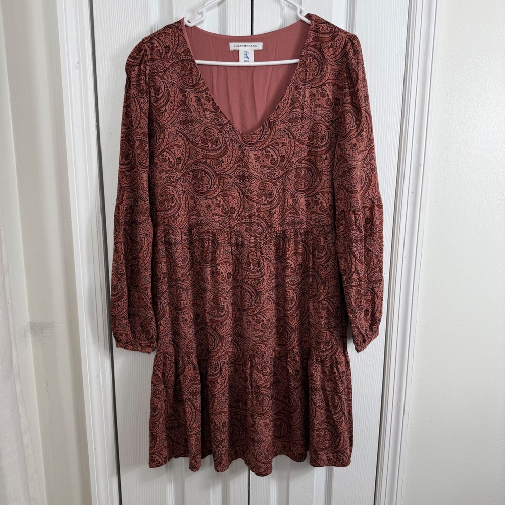Lucky Brand Paisley Tiered Mini Dress M Earthy Boho Cottagecore V-Neck Fall